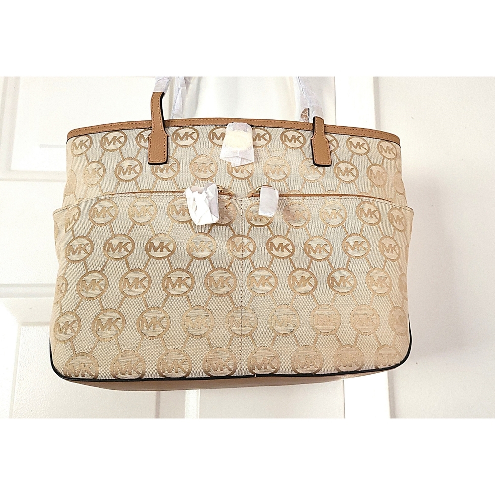 New! MICHAEL KORS MK Logo Monogram Medium Tote Handbag Bag Purse Beige Camel Tan - Picture 5 of 10